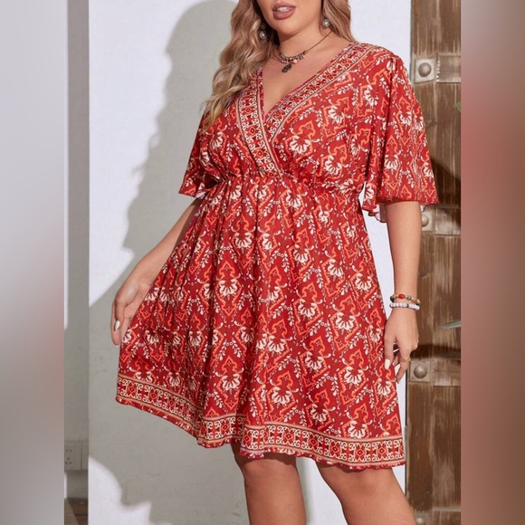 SHEIN Dresses & Skirts - SHEIN CURVE+ Vacation Style Flower Overlap V-Neck Ruffle Short Sleeve Dress, 3X